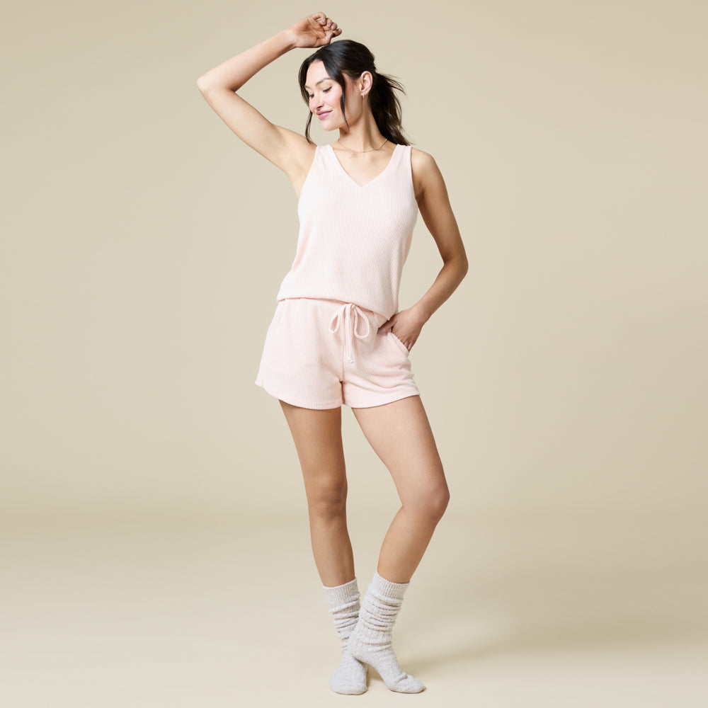 Rib Dream Double V-Neck Short Set Apricot