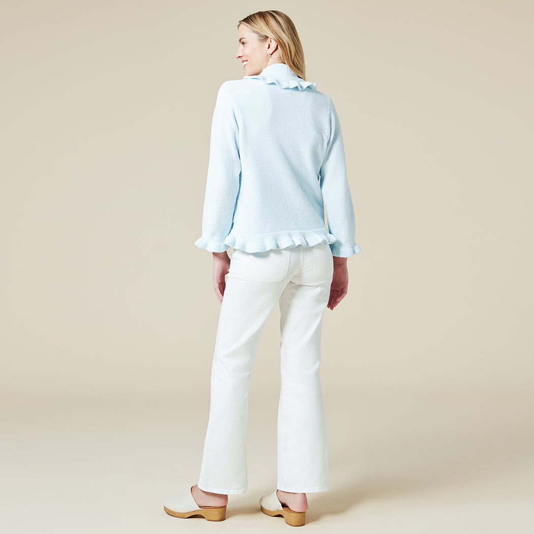 Ruffle Chenille Bed Jacket Light Blue