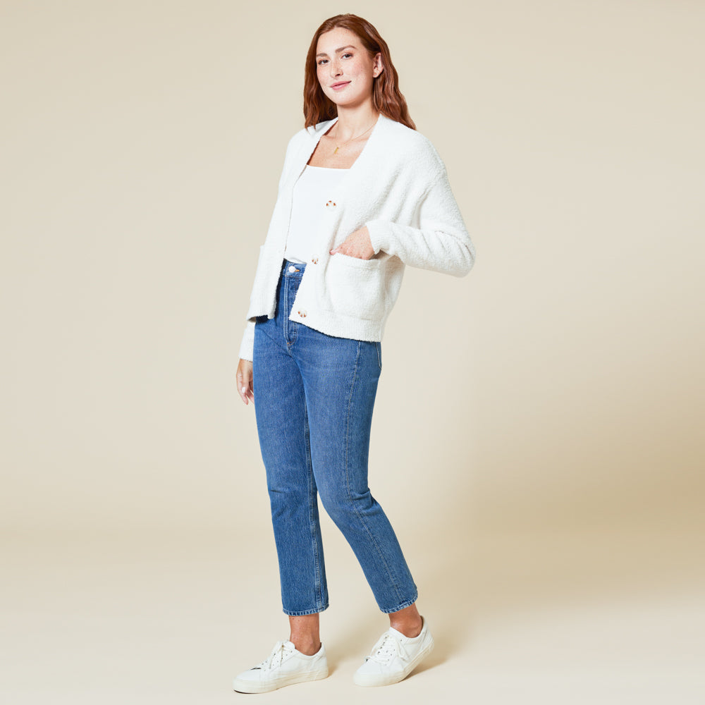 Solid Marshmallow Crop Cardigan Almond