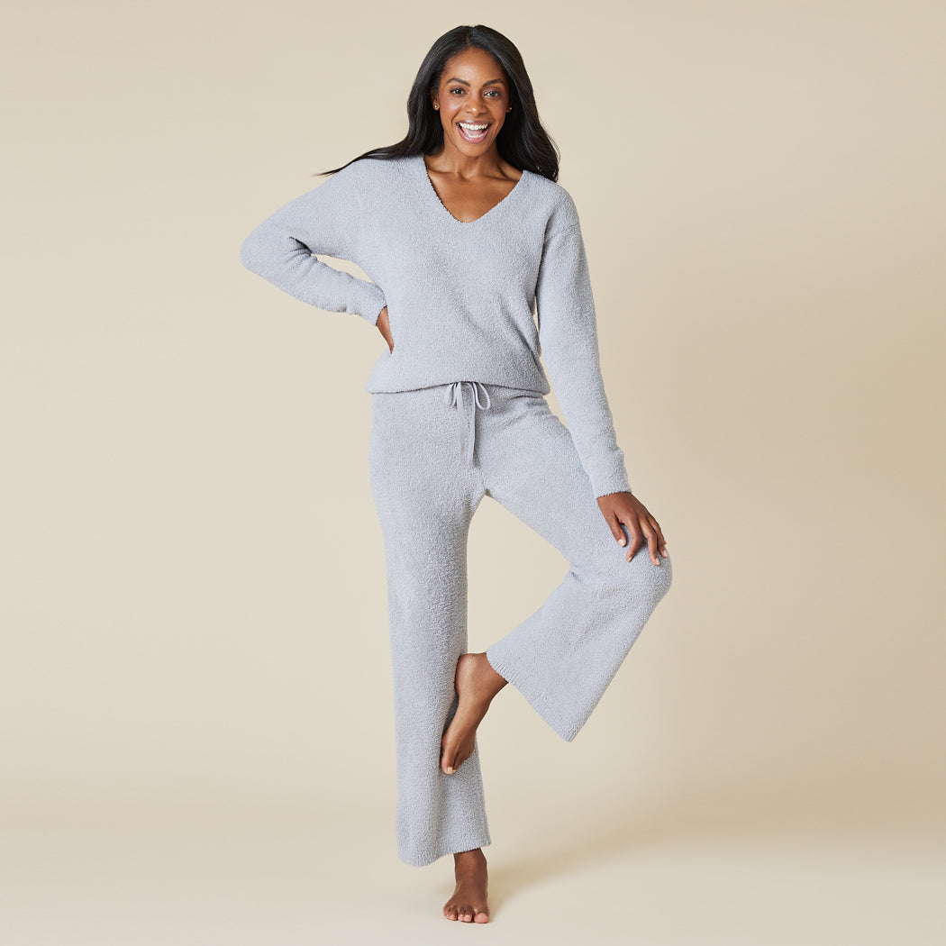 Solid Marshmallow V-Neck Lounge Set Grey