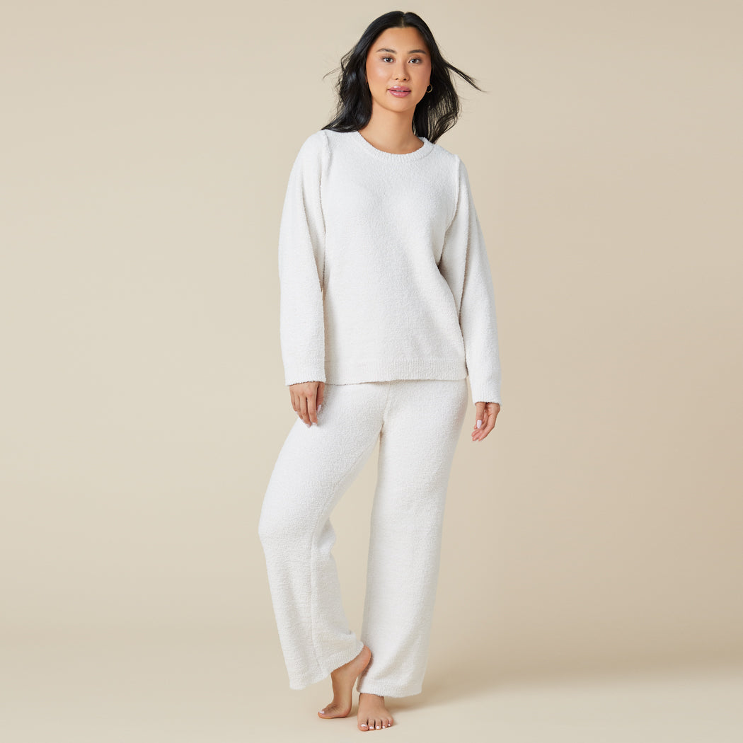 Solid Marshmallow Reverse Seam Crew Neck Lounge Set with Bracelet Sleeve Almond