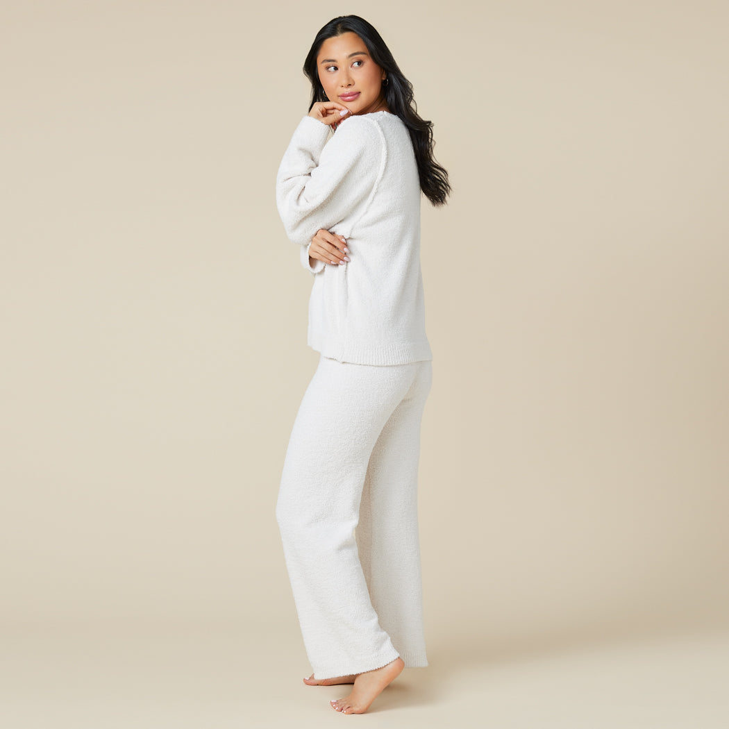 Solid Marshmallow Reverse Seam Crew Neck Lounge Set with Bracelet Sleeve Almond