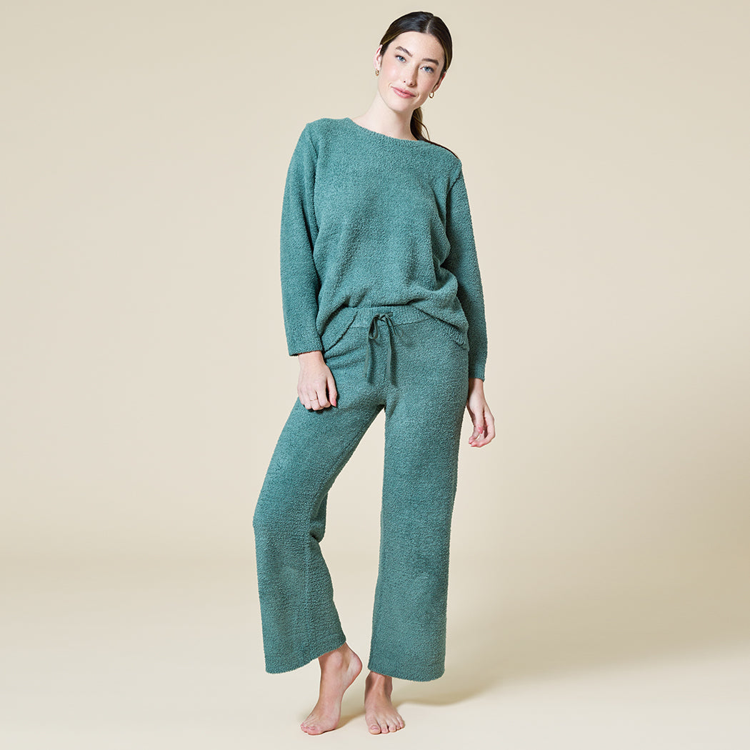 Solid Marshmallow Reverse Seam Crew Neck Lounge Set with Bracelet Sleeve Dusty Green