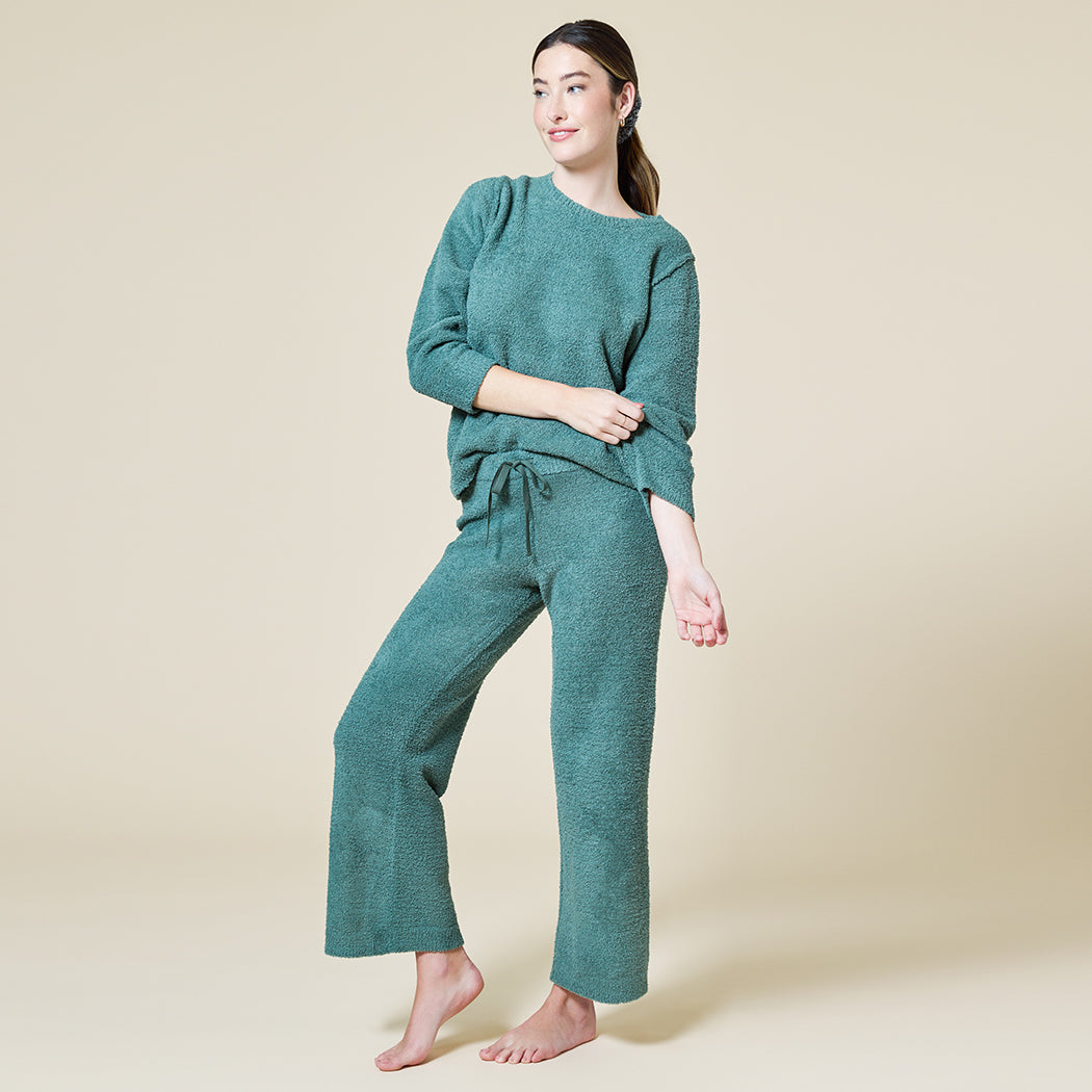 Solid Marshmallow Reverse Seam Crew Neck Lounge Set with Bracelet Sleeve Dusty Green