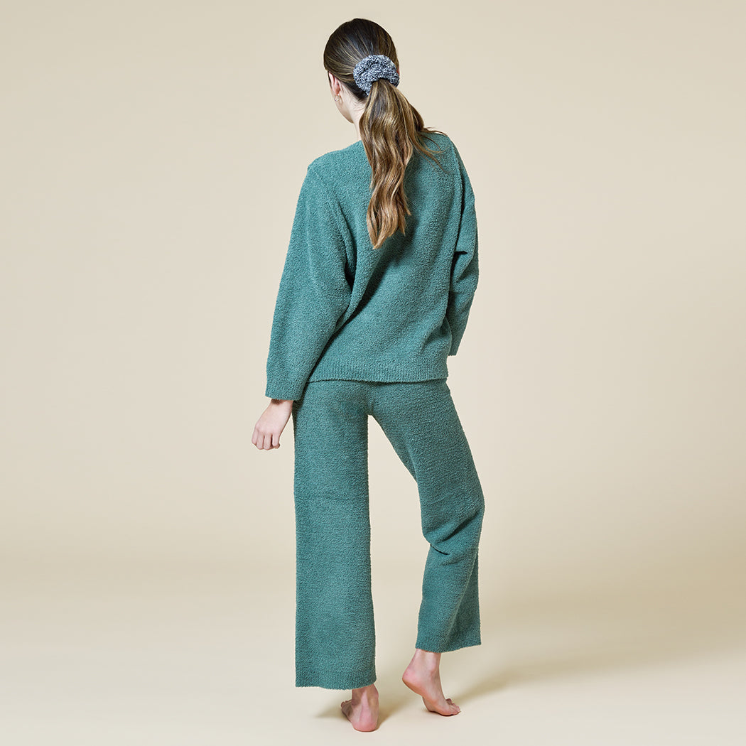 Solid Marshmallow Reverse Seam Crew Neck Lounge Set with Bracelet Sleeve Dusty Green