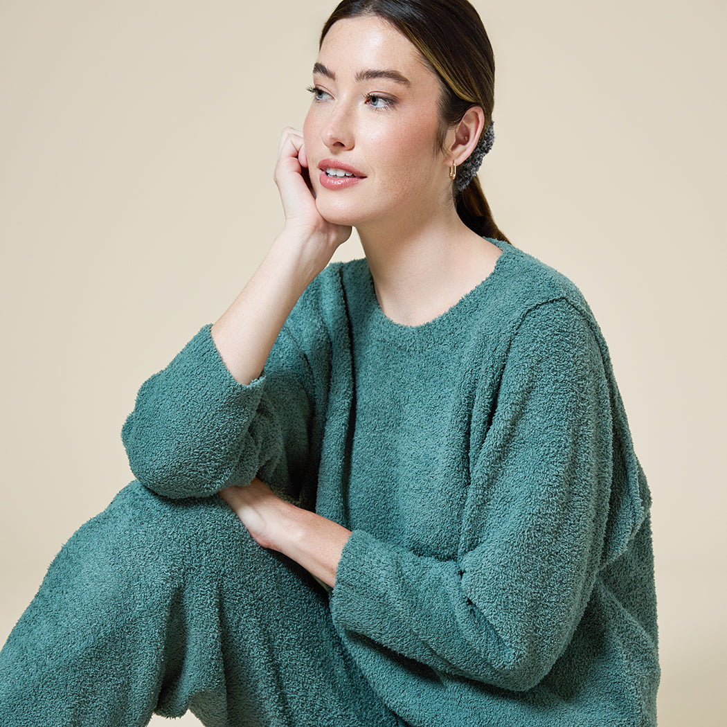 Solid Marshmallow Reverse Seam Crew Neck Lounge Set with Bracelet Sleeve Dusty Green