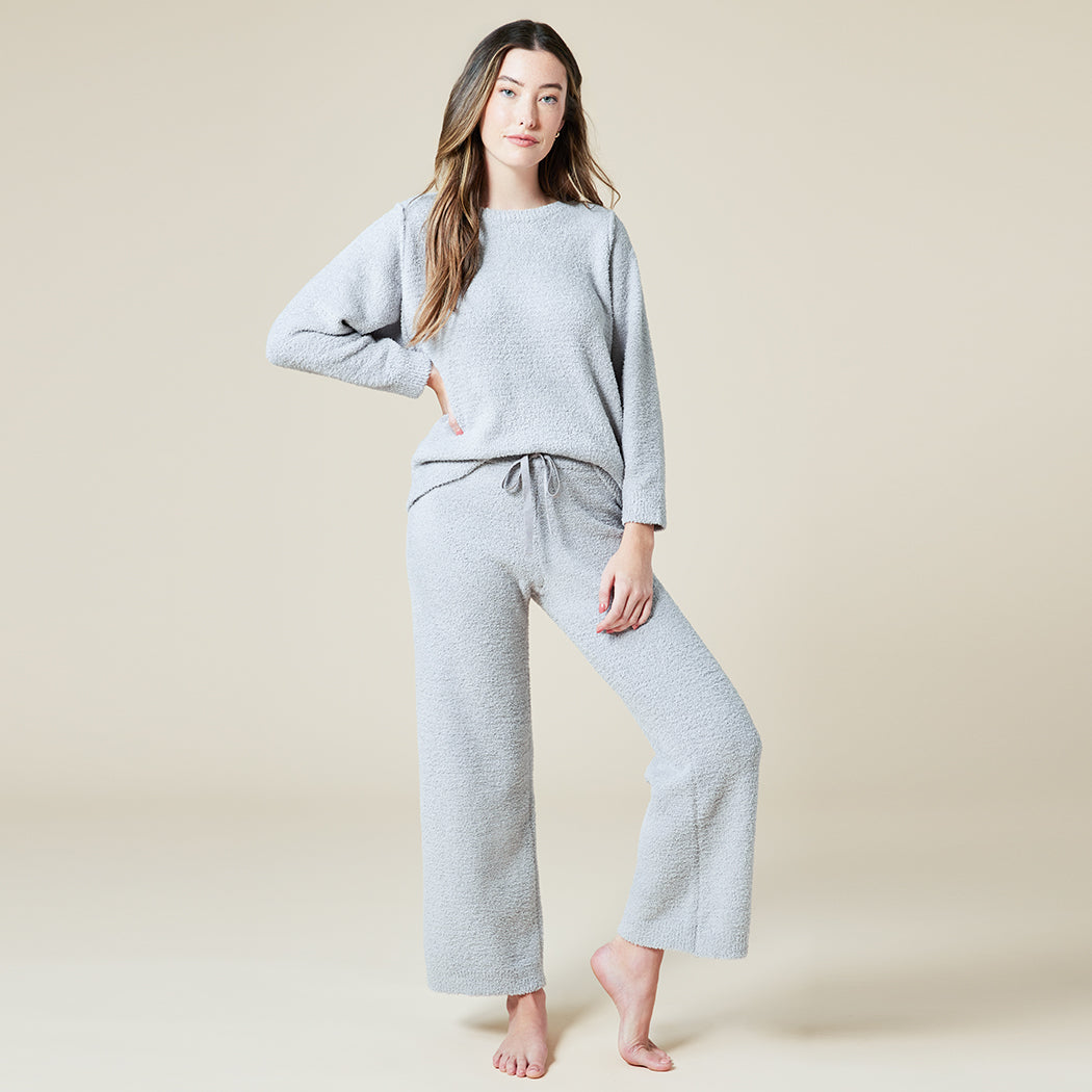 Solid Marshmallow Reverse Seam Crew Neck Lounge Set with Bracelet Sleeve Grey