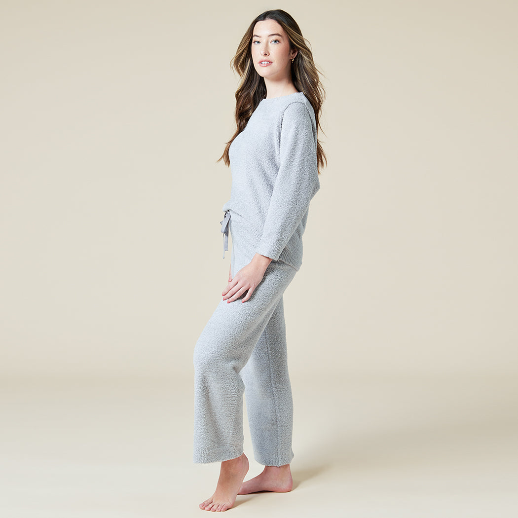 Solid Marshmallow Reverse Seam Crew Neck Lounge Set with Bracelet Sleeve Grey