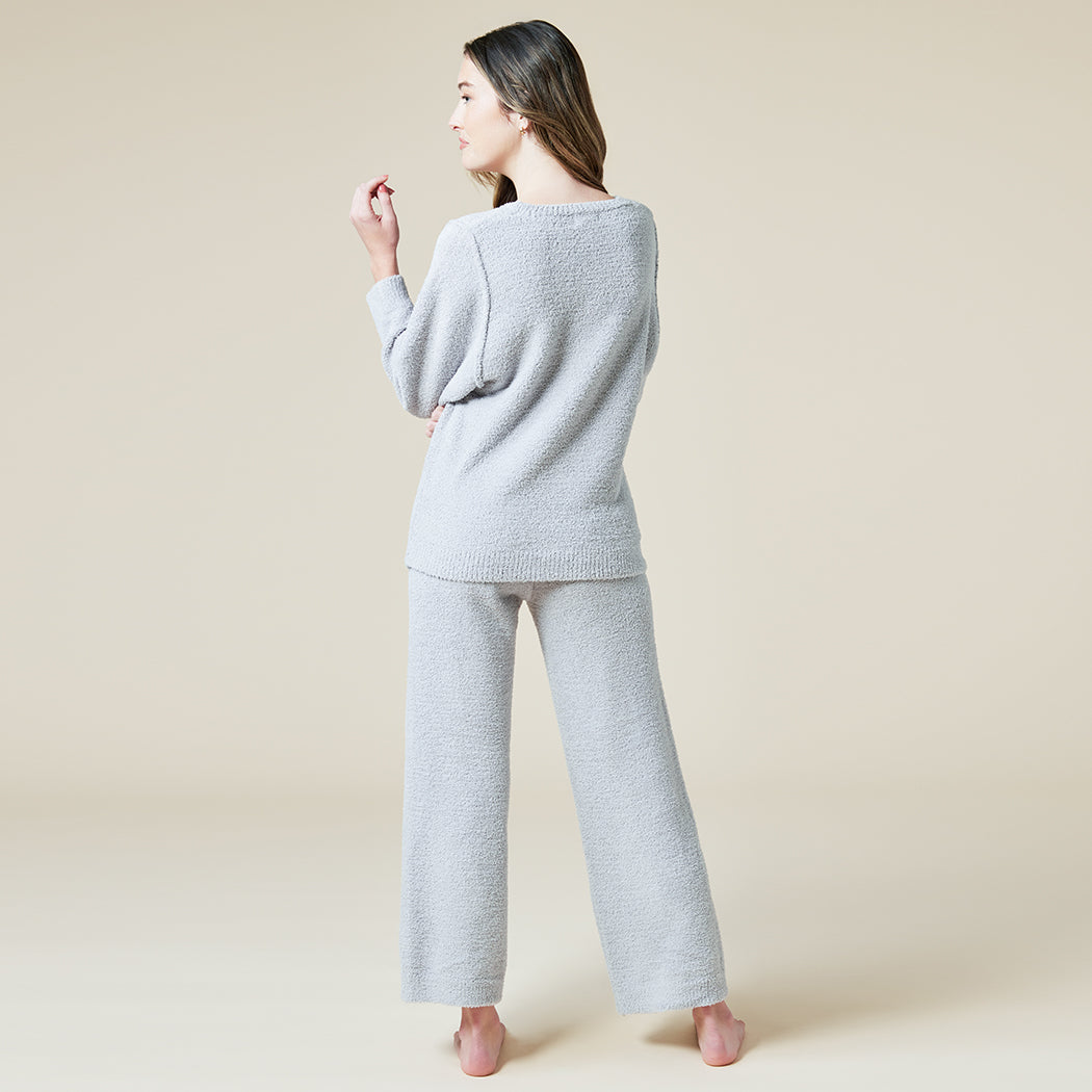 Solid Marshmallow Reverse Seam Crew Neck Lounge Set with Bracelet Sleeve Grey