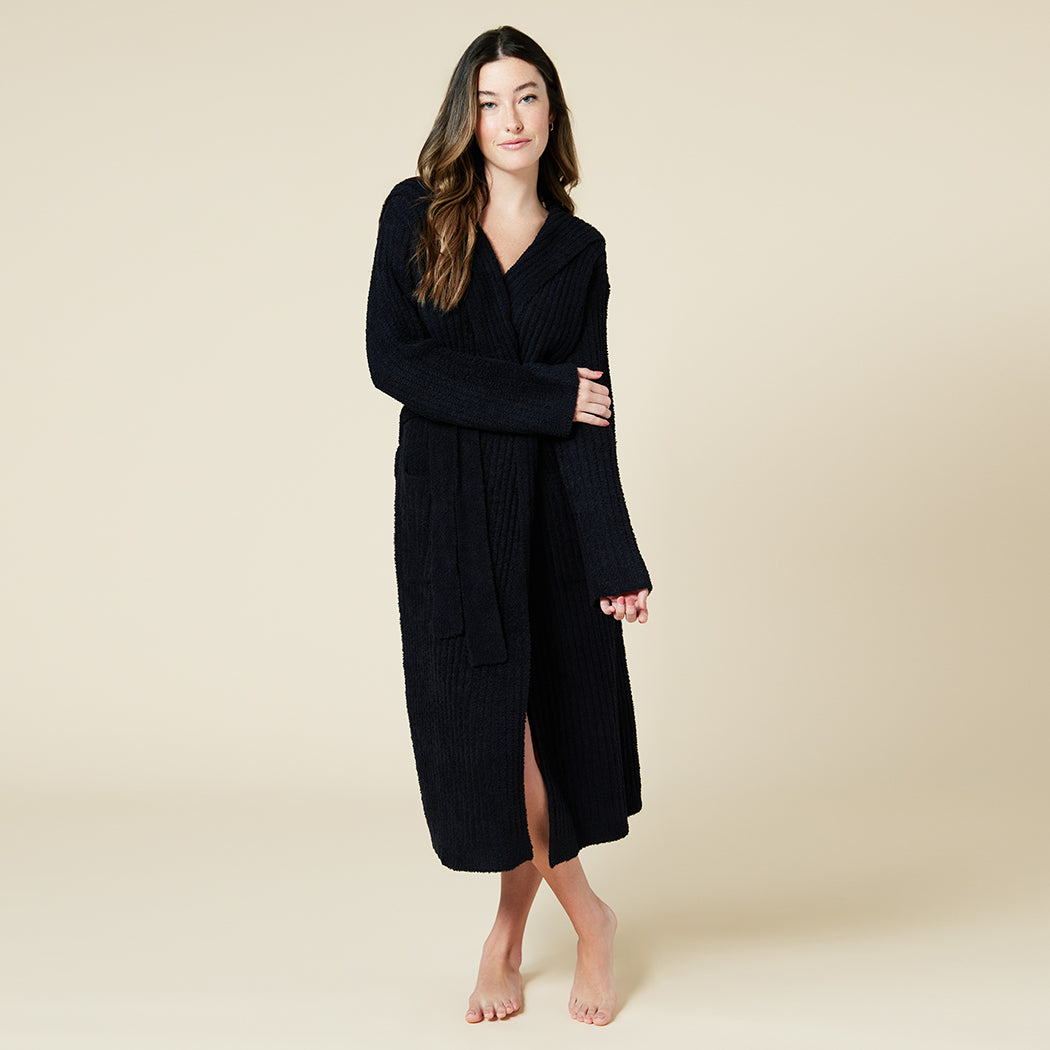 Hers and His!  Solid Rib Marshmallow Unisex Hooded Robe Black