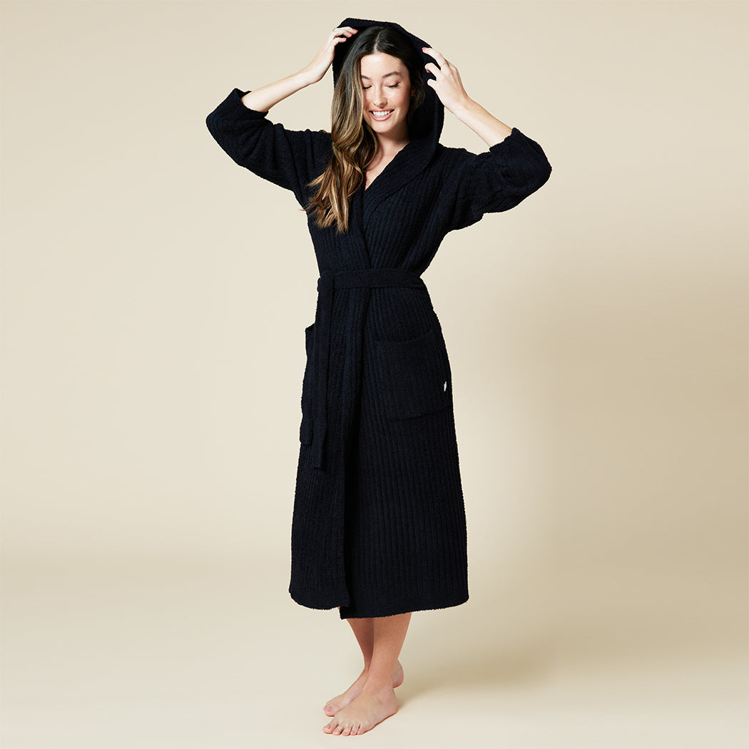 Hers and His!  Solid Rib Marshmallow Unisex Hooded Robe Black