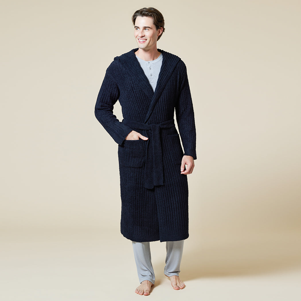 Hers and His!  Solid Rib Marshmallow Unisex Hooded Robe Black