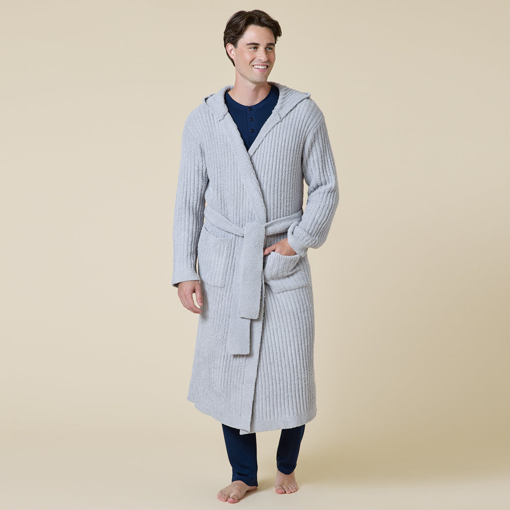 Hers and His!  Solid Rib Marshmallow Unisex Hooded Robe Grey