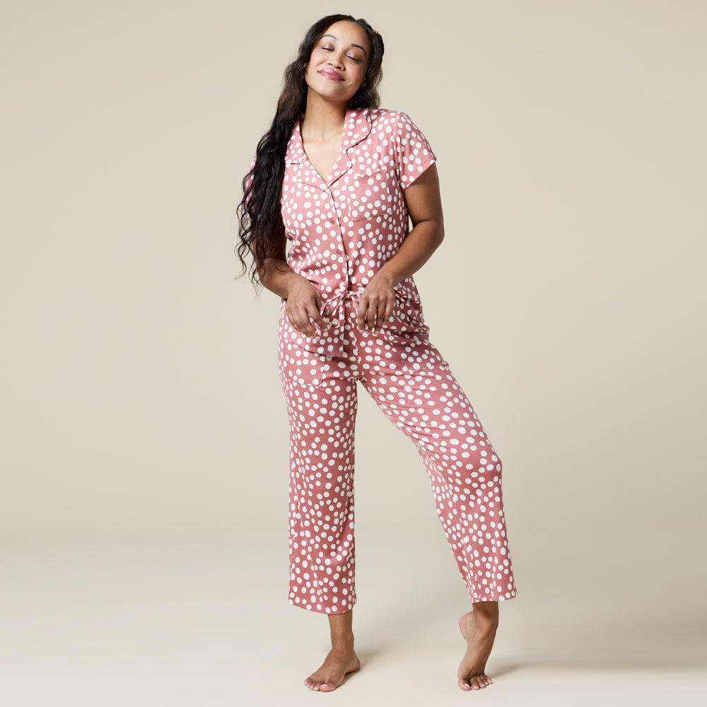 Aria Slim Notch Collar Capri PJ Set Copper Rose Dot