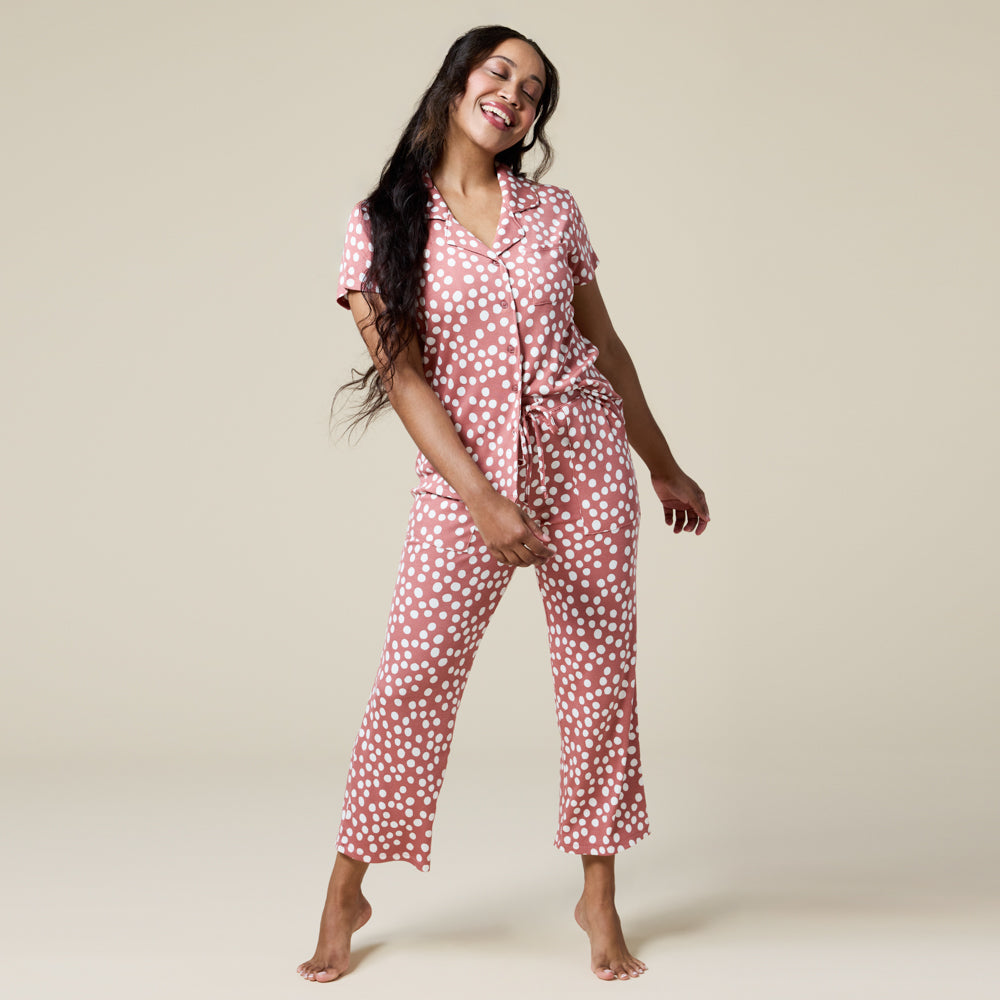 Aria Slim Notch Collar Capri PJ Set Copper Rose Dot