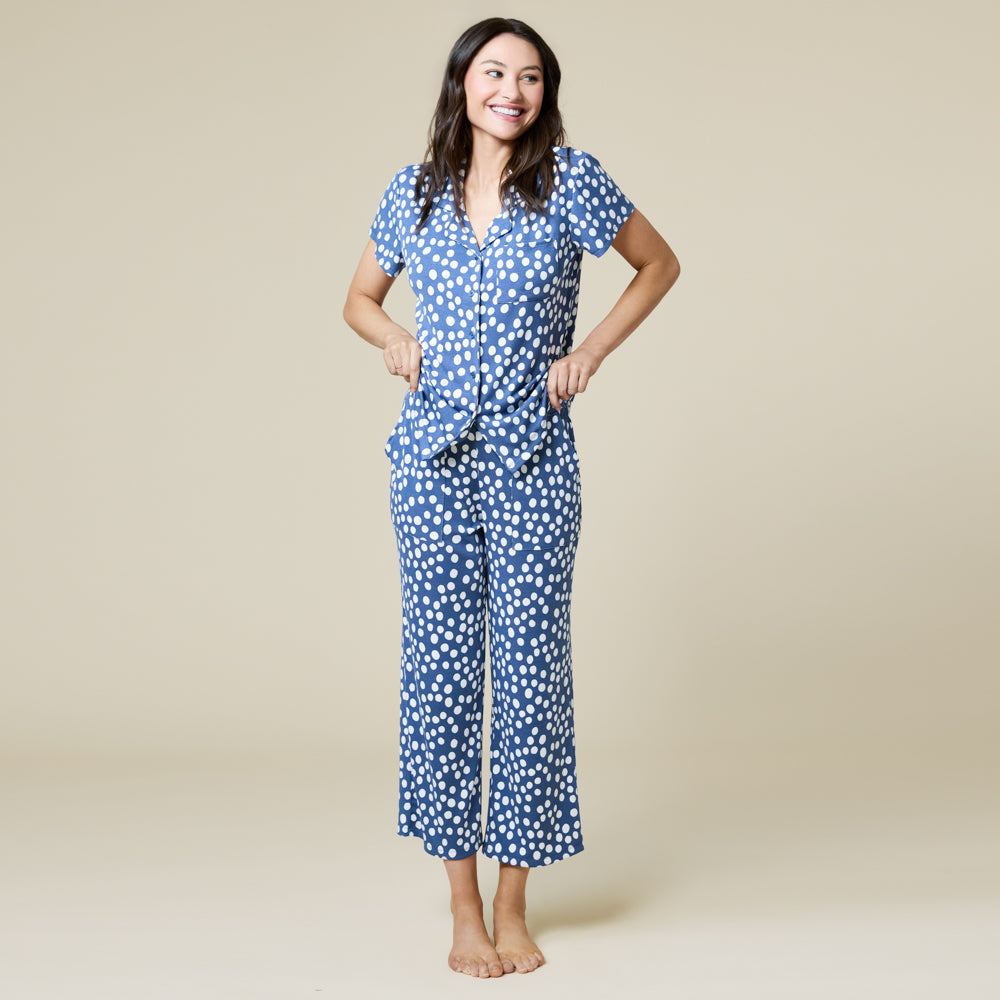 Aria Slim Notch Collar Capri PJ Set Indigo Dot