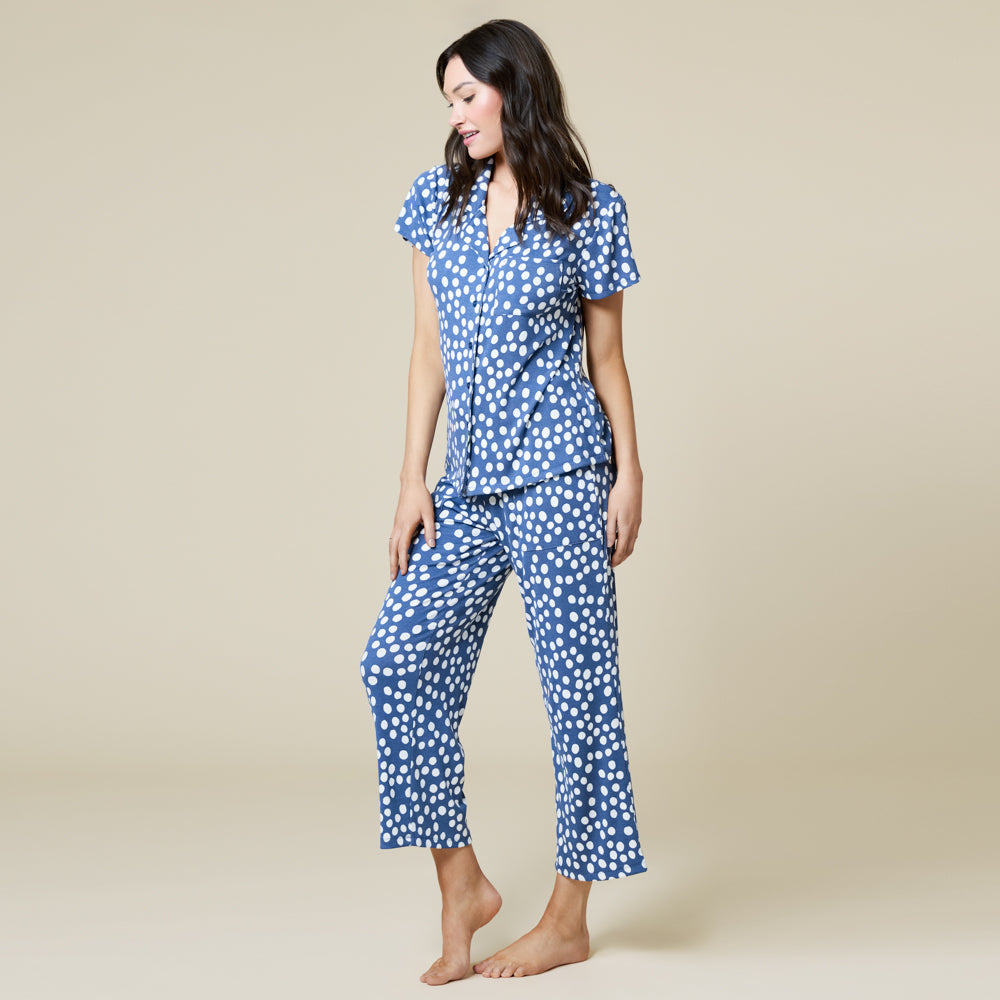 Aria Slim Notch Collar Capri PJ Set Indigo Dot