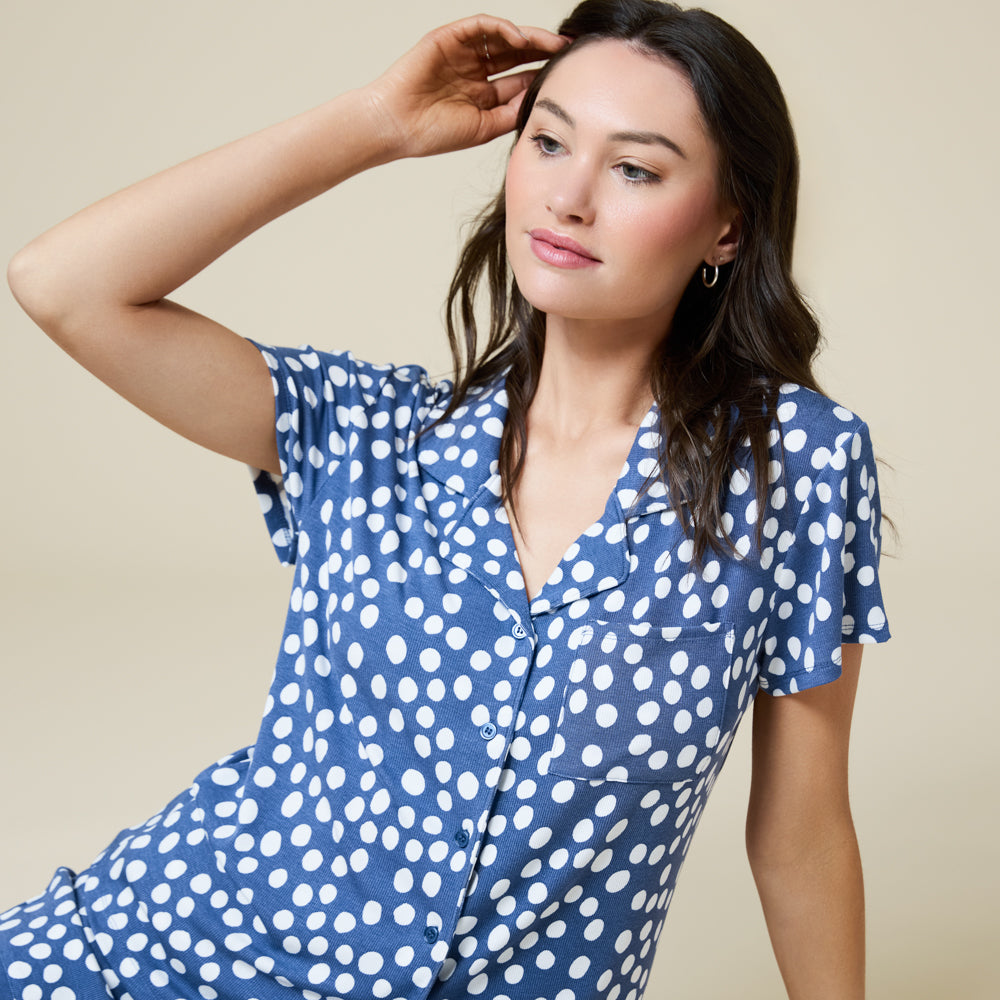 Aria Slim Notch Collar Capri PJ Set Indigo Dot