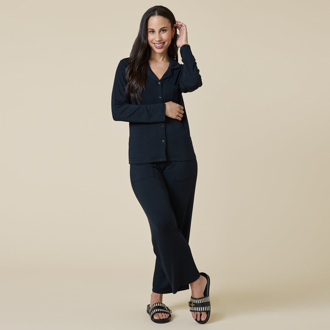 Aria - Slim Notch Collar PJ Set Black