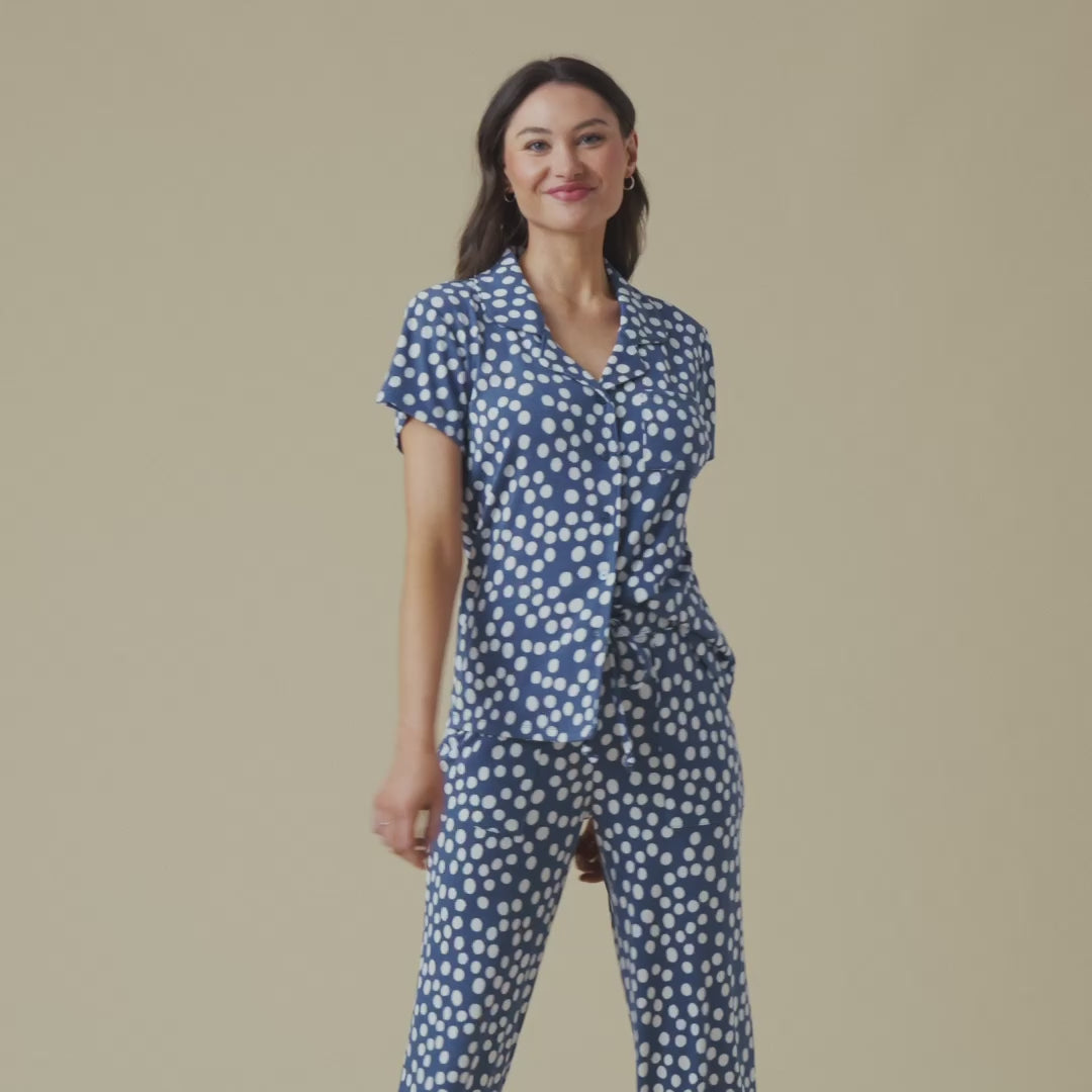 Aria Slim Notch Collar Capri PJ Set Indigo Dot